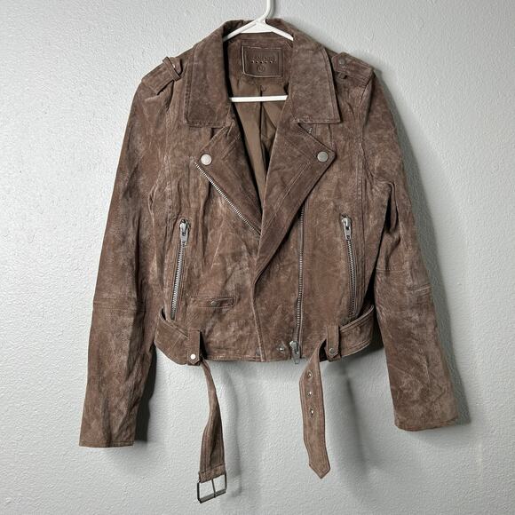 Blank NYC French Taupe Cropped Suede Moto Jacket Size M Belted Leather - Picture 1 of 10